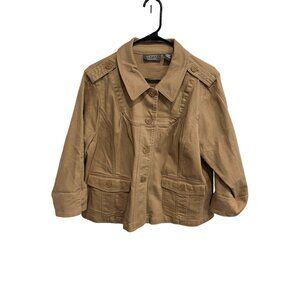 Motto Your Style Mantra Button Front Denim Utility Jacket Tan Plus Sz 1X Neutral